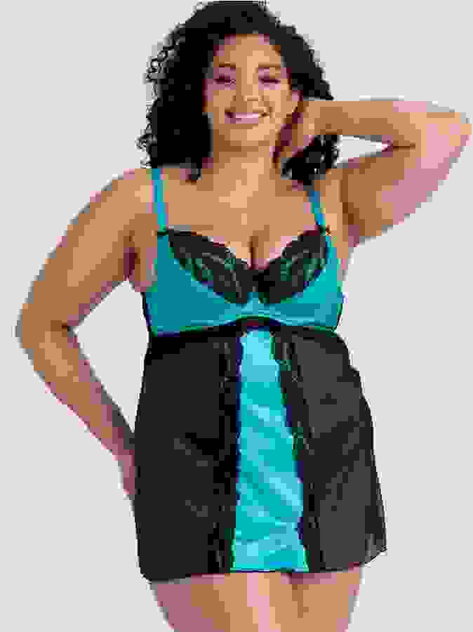 Lovehoney Plus Size Empress Blue Satin and Lace Chemise Set, Blue, hi-res